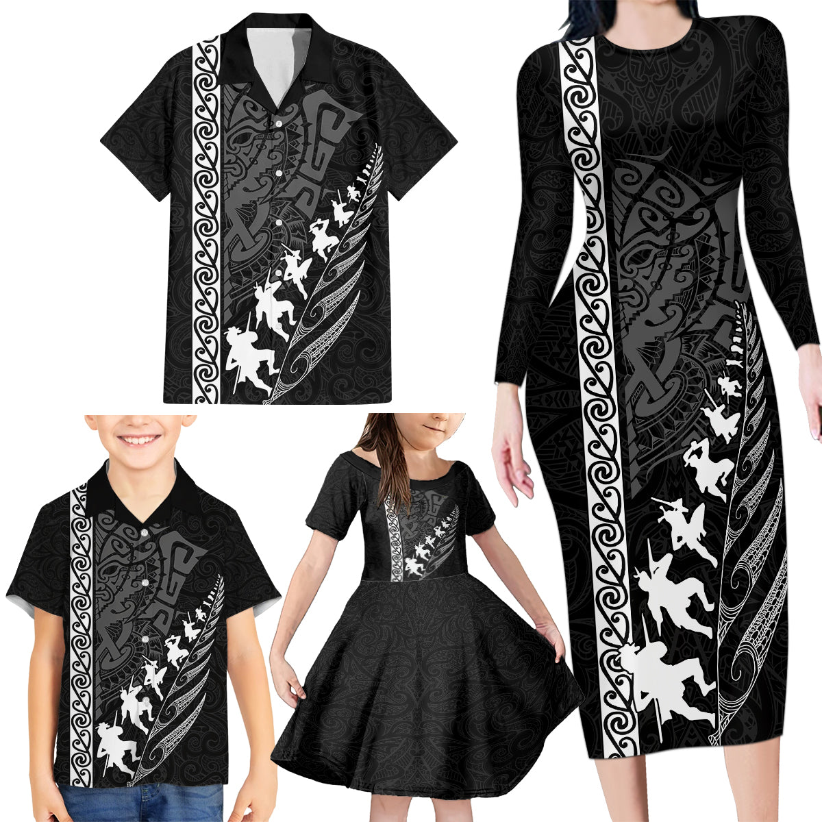 Custom New Zealand Rugby Family Matching Long Sleeve Bodycon Dress and Hawaiian Shirt Haka Dance Tribal God Mask Maori Pattern LT03 - Polynesian Pride