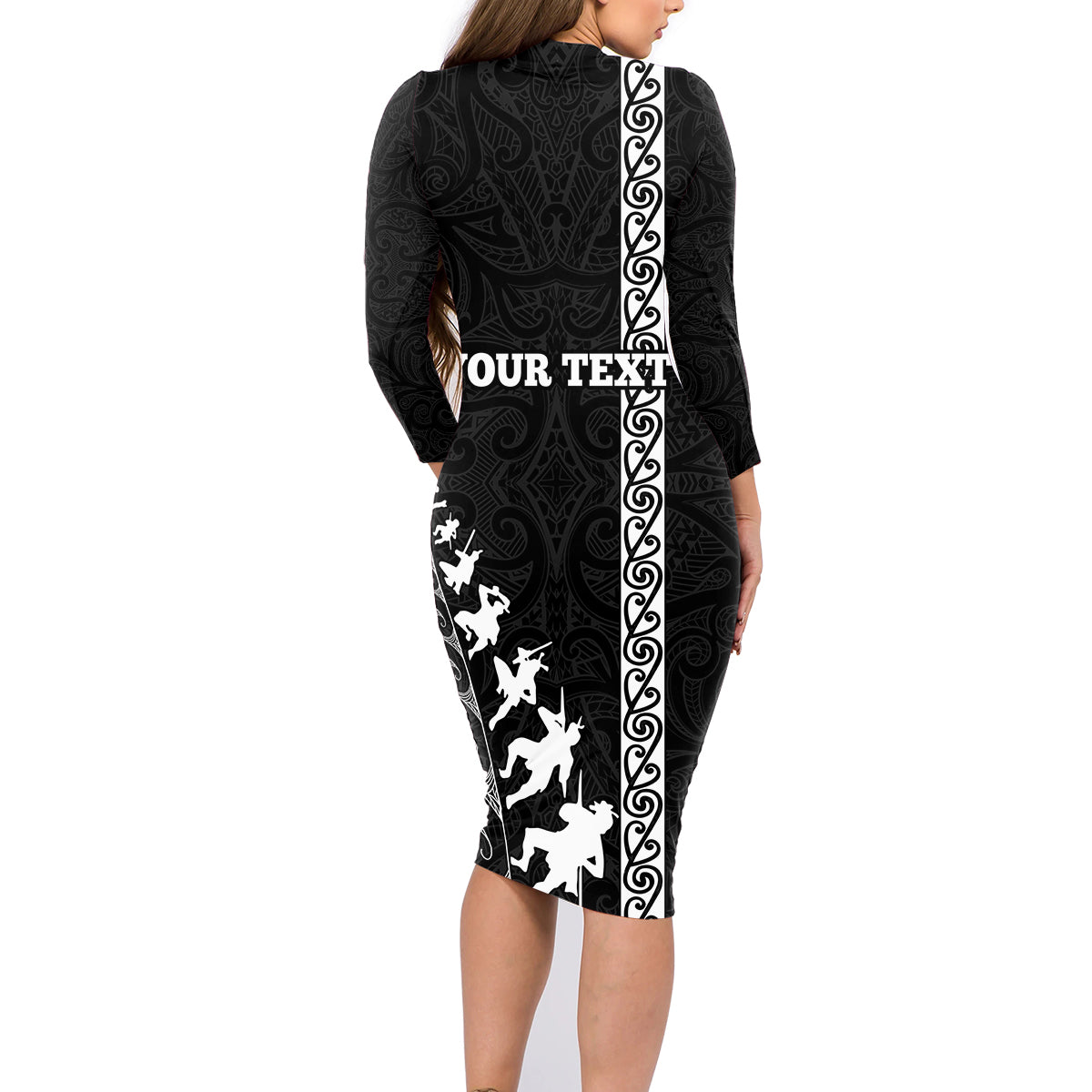 Custom New Zealand Rugby Family Matching Long Sleeve Bodycon Dress and Hawaiian Shirt Haka Dance Tribal God Mask Maori Pattern LT03 - Polynesian Pride
