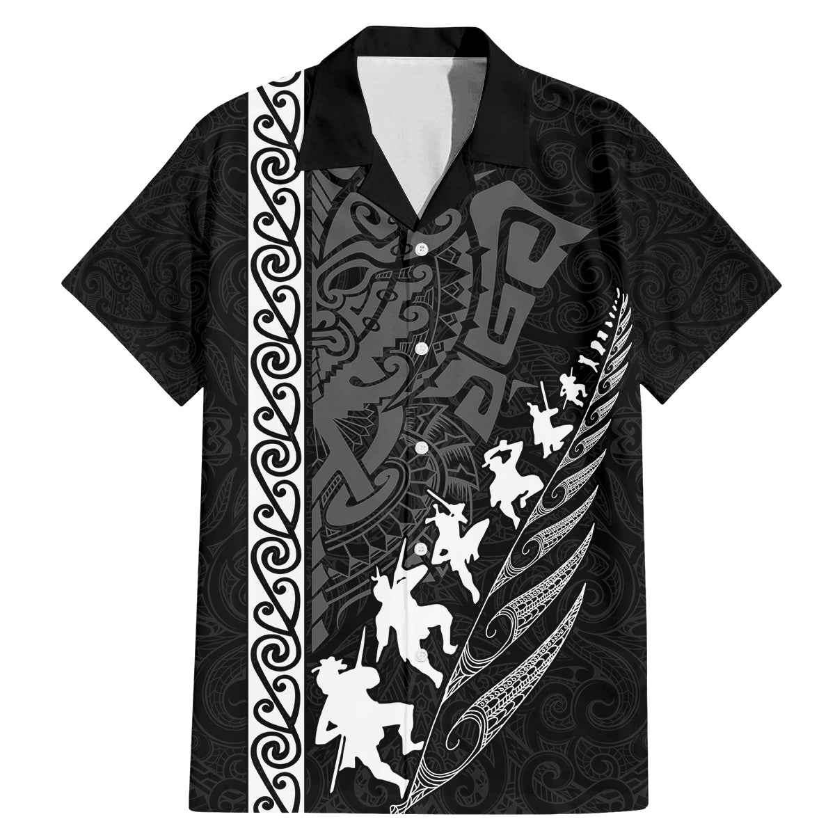 Custom New Zealand Rugby Family Matching Mermaid Dress and Hawaiian Shirt Haka Dance Tribal God Mask Maori Pattern LT03 Dad's Shirt - Short Sleeve Black - Polynesian Pride
