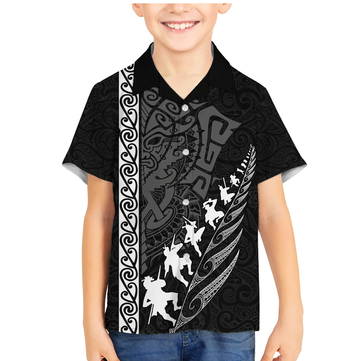 Custom New Zealand Rugby Family Matching Mermaid Dress and Hawaiian Shirt Haka Dance Tribal God Mask Maori Pattern LT03 Son's Shirt Black - Polynesian Pride