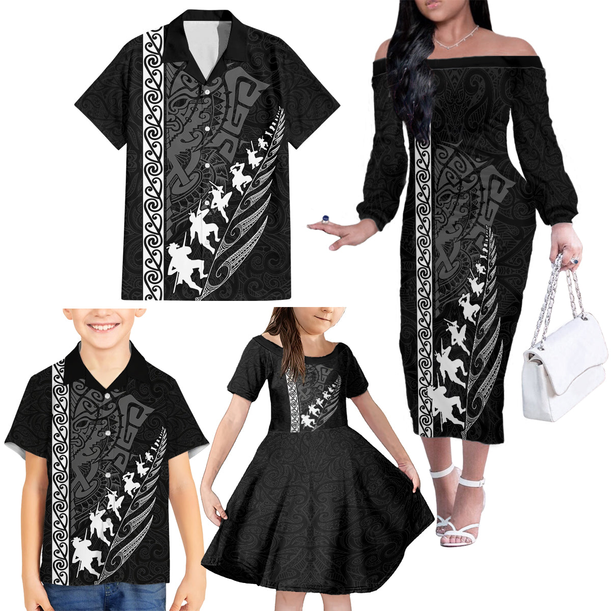 Custom New Zealand Rugby Family Matching Off Shoulder Long Sleeve Dress and Hawaiian Shirt Haka Dance Tribal God Mask Maori Pattern LT03 - Polynesian Pride