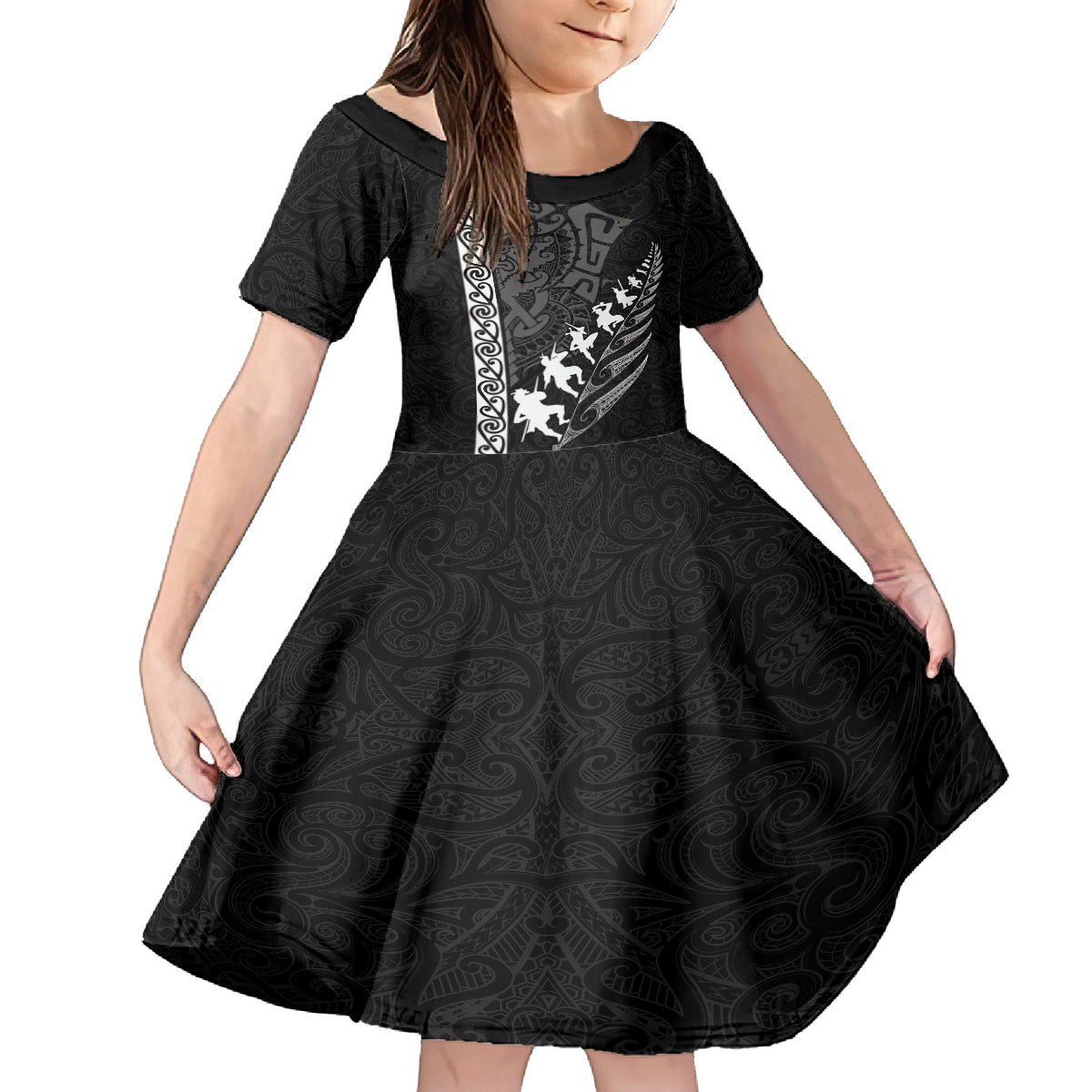 Custom New Zealand Rugby Family Matching Off Shoulder Maxi Dress and Hawaiian Shirt Haka Dance Tribal God Mask Maori Pattern LT03 Daughter's Dress Black - Polynesian Pride