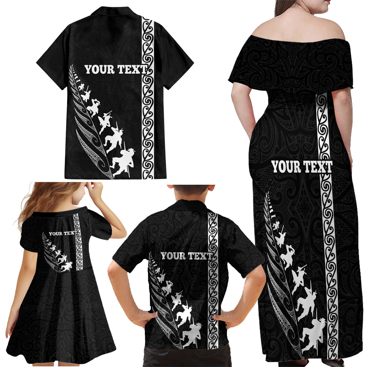 Custom New Zealand Rugby Family Matching Off Shoulder Maxi Dress and Hawaiian Shirt Haka Dance Tribal God Mask Maori Pattern LT03 - Polynesian Pride