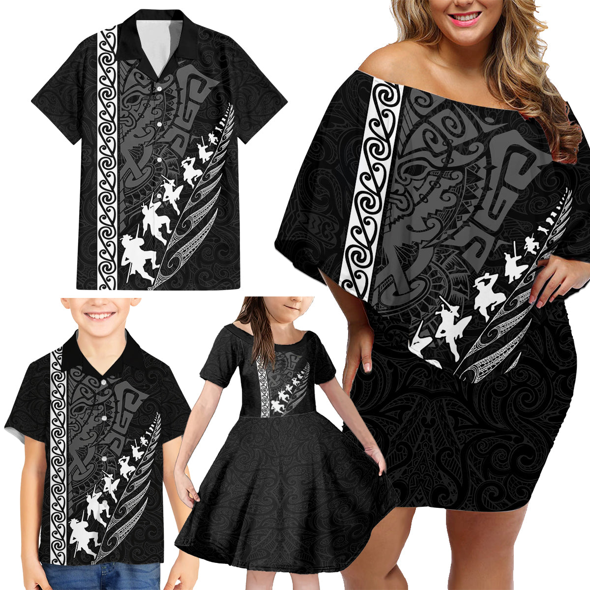 Custom New Zealand Rugby Family Matching Off Shoulder Short Dress and Hawaiian Shirt Haka Dance Tribal God Mask Maori Pattern LT03 - Polynesian Pride