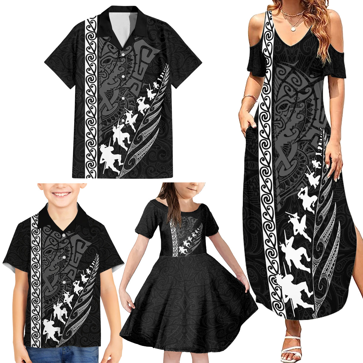 Custom New Zealand Rugby Family Matching Summer Maxi Dress and Hawaiian Shirt Haka Dance Tribal God Mask Maori Pattern LT03 - Polynesian Pride