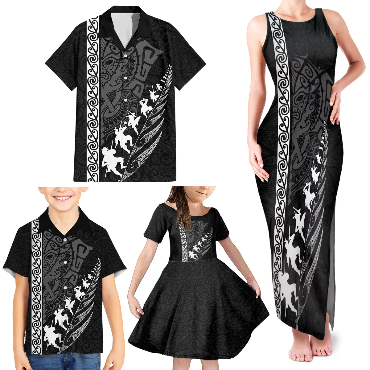 Custom New Zealand Rugby Family Matching Tank Maxi Dress and Hawaiian Shirt Haka Dance Tribal God Mask Maori Pattern LT03 - Polynesian Pride