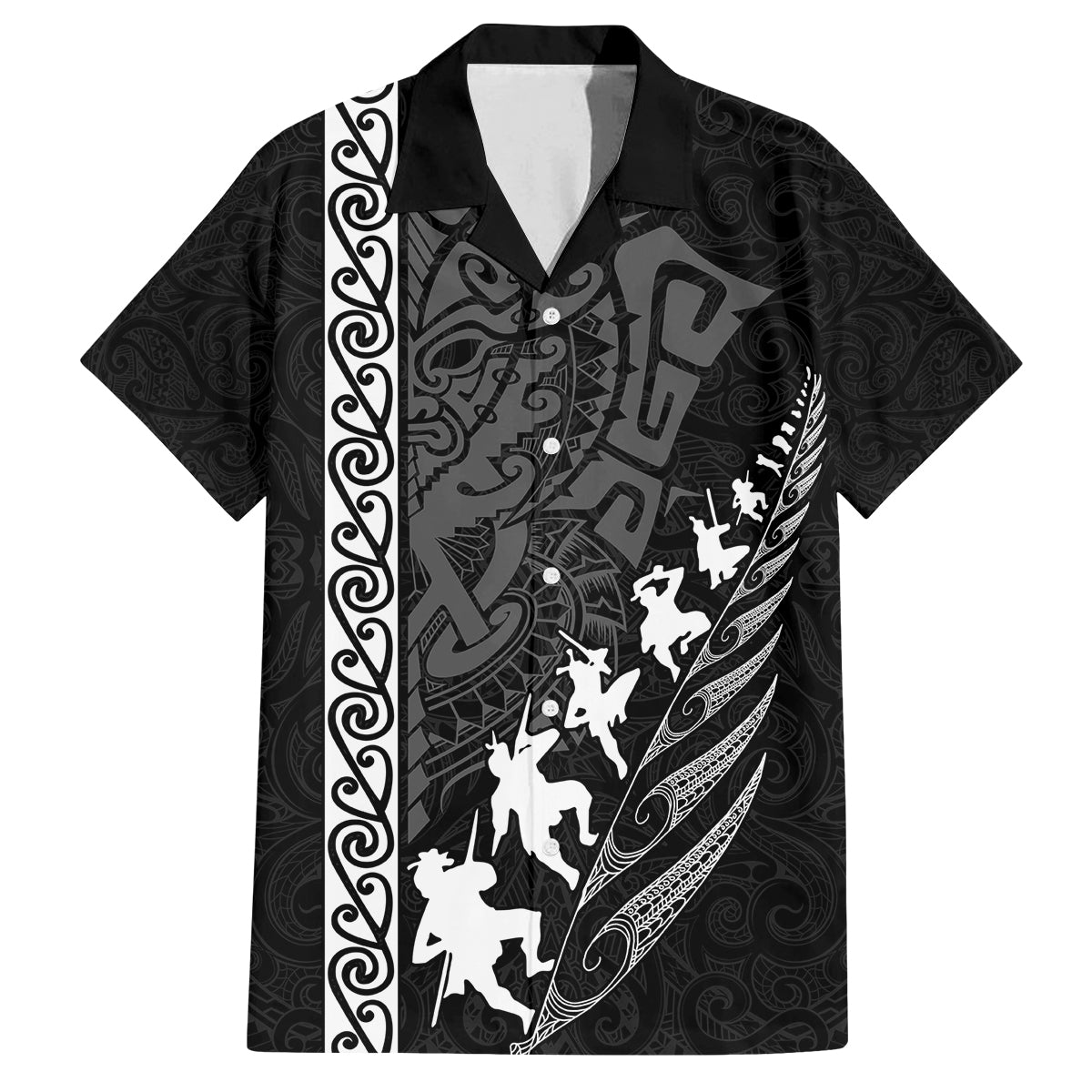 Custom New Zealand Rugby Family Matching Tank Maxi Dress and Hawaiian Shirt Haka Dance Tribal God Mask Maori Pattern LT03 Dad's Shirt - Short Sleeve Black - Polynesian Pride