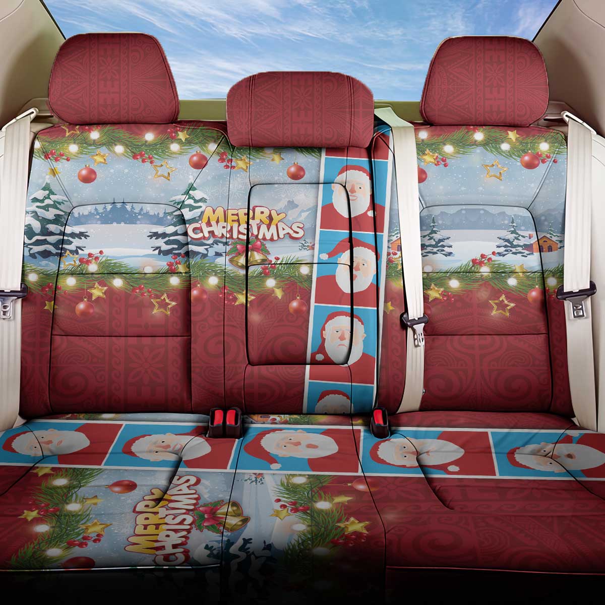 Merry Christmas Back Car Seat Cover Funny Santa Claus Cards Photo and Polynesian Pattern Red Color LT03 One Size Red - Polynesian Pride