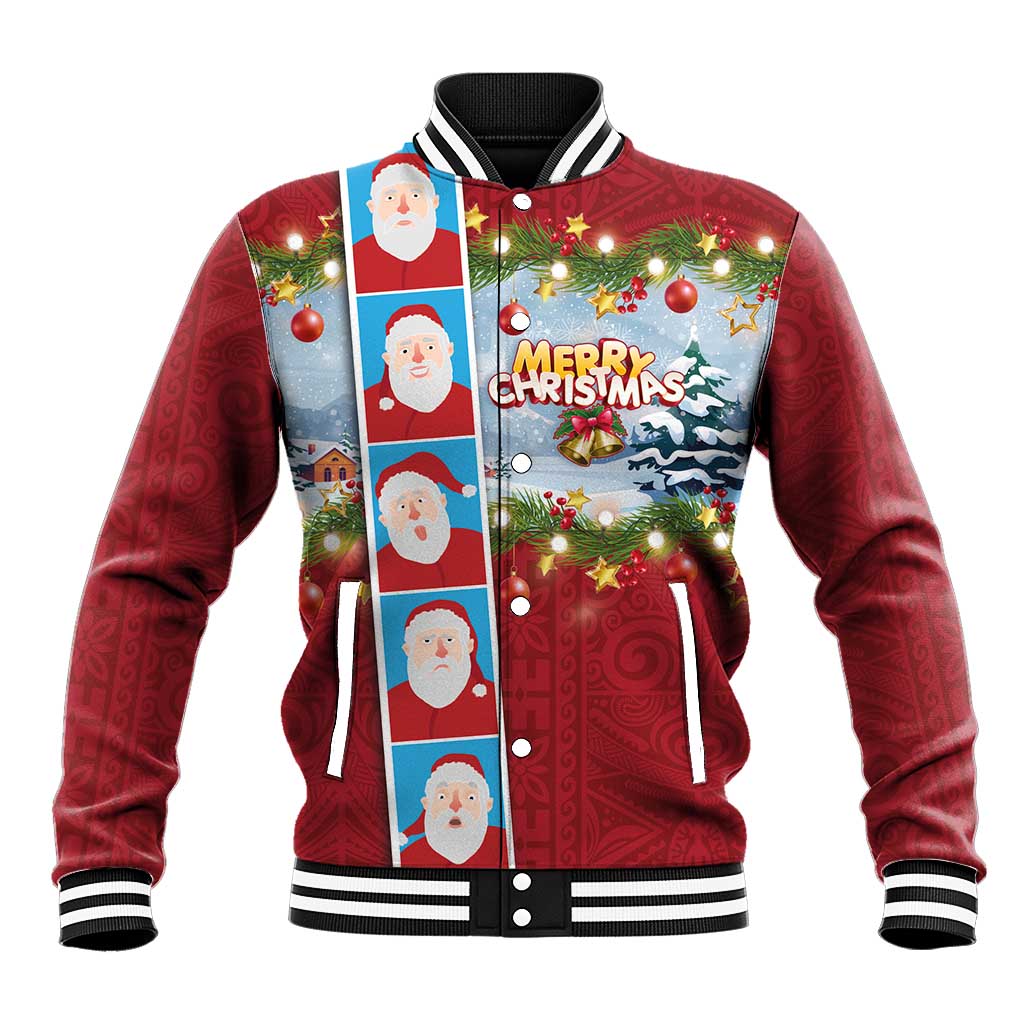 Merry Christmas Baseball Jacket Funny Santa Claus Cards Photo and Polynesian Pattern Red Color