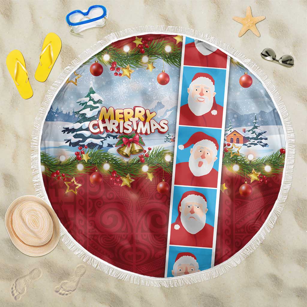 Merry Christmas Beach Blanket Funny Santa Claus Cards Photo and Polynesian Pattern Red Color LT03 One Size 150cm Red - Polynesian Pride