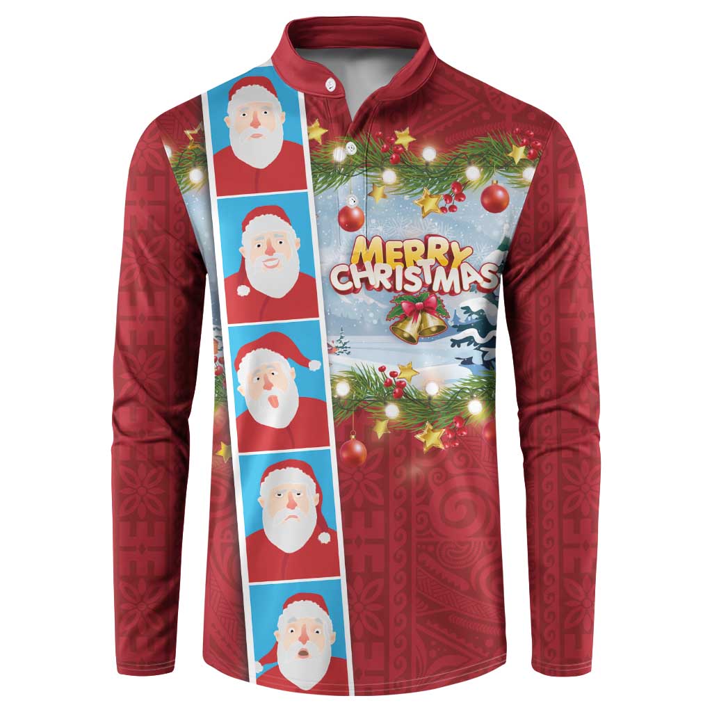 Merry Christmas Button Sweatshirt Funny Santa Claus Cards Photo and Polynesian Pattern Red Color