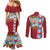 Merry Christmas Couples Matching Mermaid Dress and Long Sleeve Button Shirt Funny Santa Claus Cards Photo and Polynesian Pattern Red Color