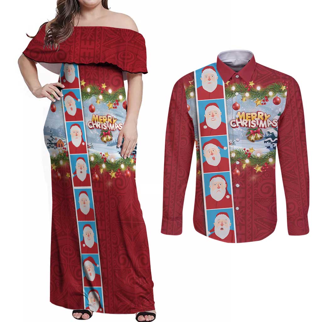 Merry Christmas Couples Matching Off Shoulder Maxi Dress and Long Sleeve Button Shirt Funny Santa Claus Cards Photo and Polynesian Pattern Red Color LT03 Red - Polynesian Pride