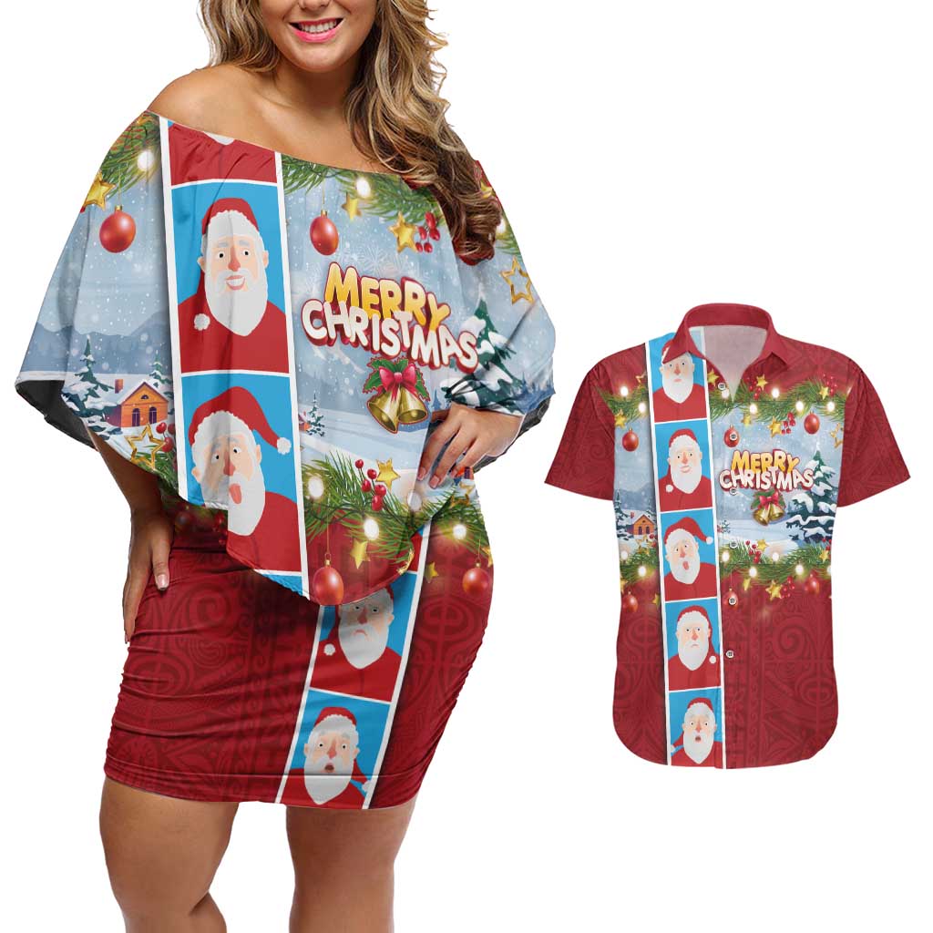 Merry Christmas Couples Matching Off Shoulder Short Dress and Hawaiian Shirt Funny Santa Claus Cards Photo and Polynesian Pattern Red Color LT03 Red - Polynesian Pride