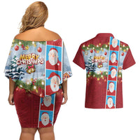 Merry Christmas Couples Matching Off Shoulder Short Dress and Hawaiian Shirt Funny Santa Claus Cards Photo and Polynesian Pattern Red Color LT03 - Polynesian Pride