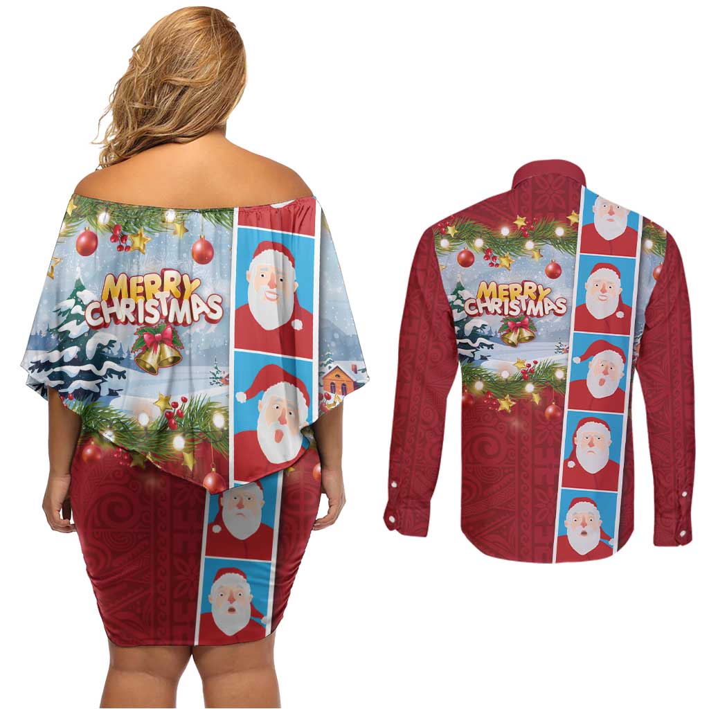 Merry Christmas Couples Matching Off Shoulder Short Dress and Long Sleeve Button Shirt Funny Santa Claus Cards Photo and Polynesian Pattern Red Color LT03 - Polynesian Pride