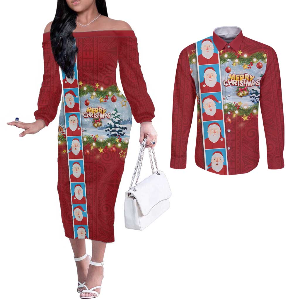 Merry Christmas Couples Matching Off The Shoulder Long Sleeve Dress and Long Sleeve Button Shirt Funny Santa Claus Cards Photo and Polynesian Pattern Red Color