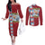 Merry Christmas Couples Matching Off The Shoulder Long Sleeve Dress and Long Sleeve Button Shirt Funny Santa Claus Cards Photo and Polynesian Pattern Red Color