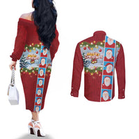 Merry Christmas Couples Matching Off The Shoulder Long Sleeve Dress and Long Sleeve Button Shirt Funny Santa Claus Cards Photo and Polynesian Pattern Red Color LT03 - Polynesian Pride