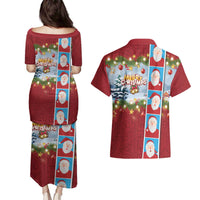 Merry Christmas Couples Matching Puletasi and Hawaiian Shirt Funny Santa Claus Cards Photo and Polynesian Pattern Red Color LT03 - Polynesian Pride