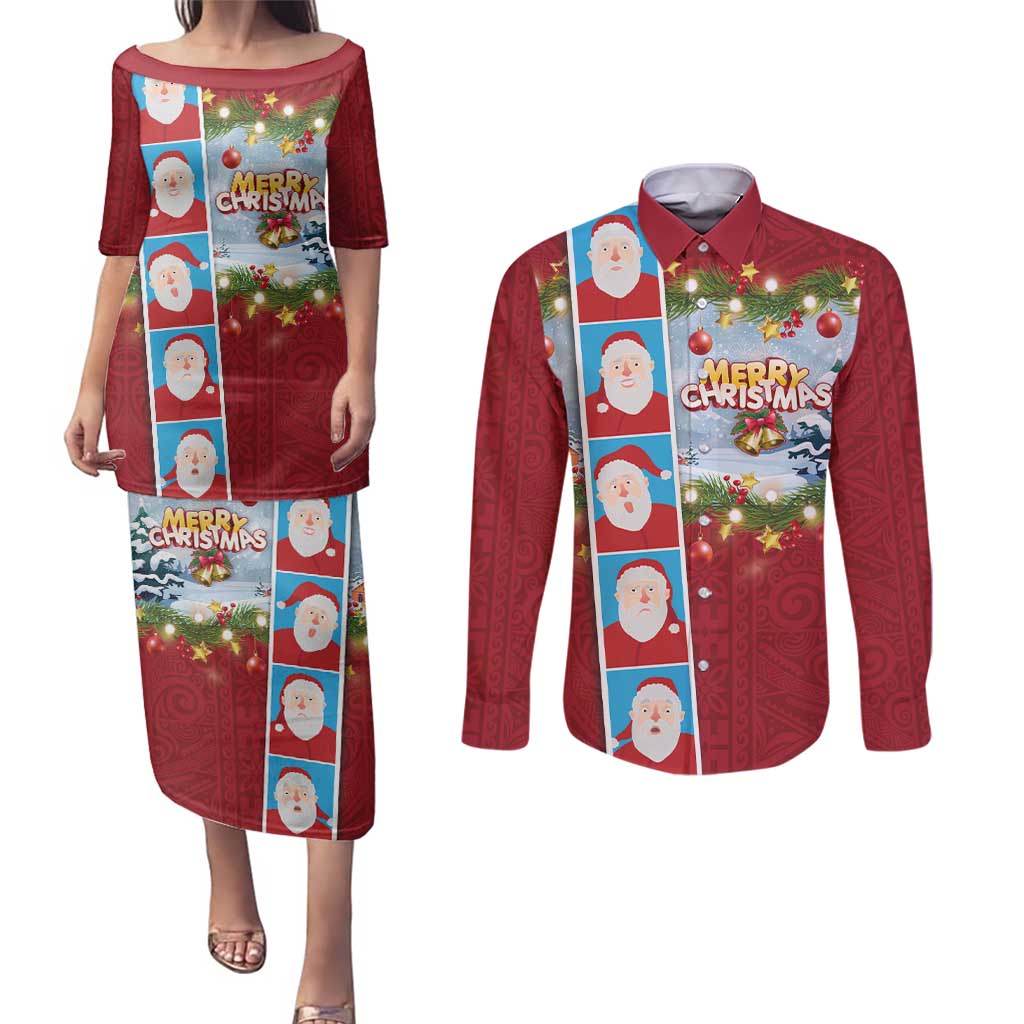 Merry Christmas Couples Matching Puletasi and Long Sleeve Button Shirt Funny Santa Claus Cards Photo and Polynesian Pattern Red Color