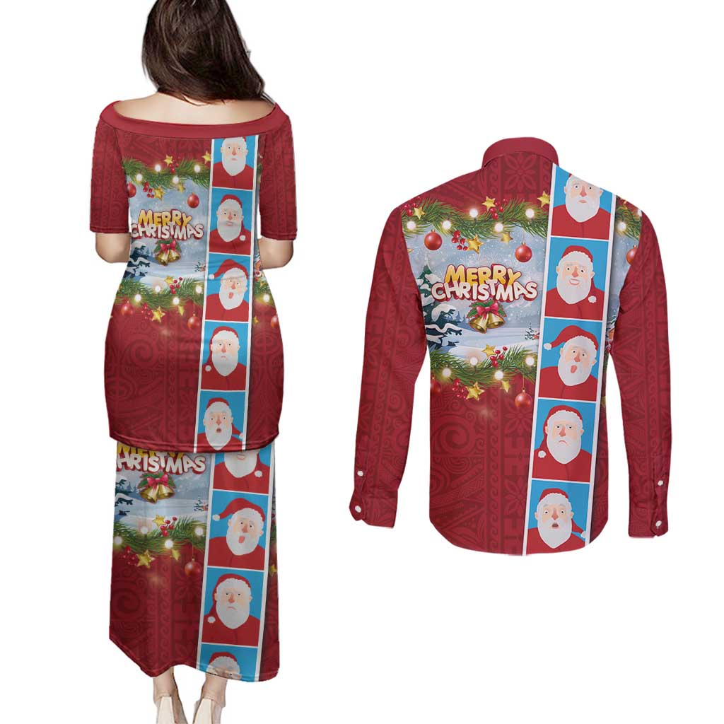 Merry Christmas Couples Matching Puletasi and Long Sleeve Button Shirt Funny Santa Claus Cards Photo and Polynesian Pattern Red Color