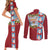 Merry Christmas Couples Matching Short Sleeve Bodycon Dress and Long Sleeve Button Shirt Funny Santa Claus Cards Photo and Polynesian Pattern Red Color