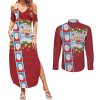 Merry Christmas Couples Matching Summer Maxi Dress and Long Sleeve Button Shirt Funny Santa Claus Cards Photo and Polynesian Pattern Red Color LT03 Red - Polynesian Pride