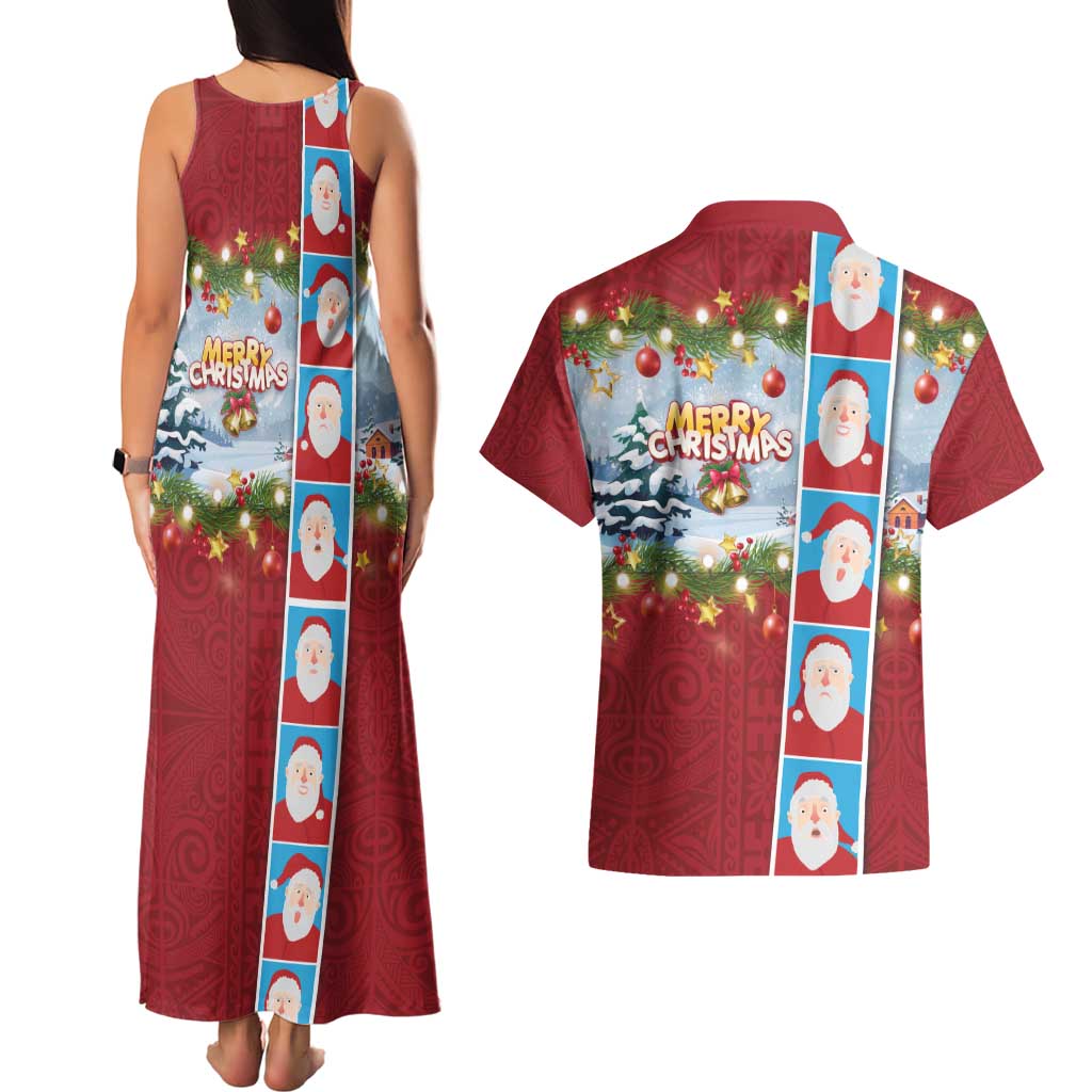 Merry Christmas Couples Matching Tank Maxi Dress and Hawaiian Shirt Funny Santa Claus Cards Photo and Polynesian Pattern Red Color LT03 - Polynesian Pride