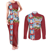 Merry Christmas Couples Matching Tank Maxi Dress and Long Sleeve Button Shirt Funny Santa Claus Cards Photo and Polynesian Pattern Red Color LT03 Red - Polynesian Pride
