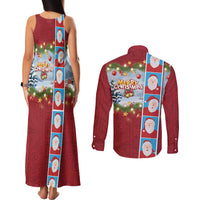 Merry Christmas Couples Matching Tank Maxi Dress and Long Sleeve Button Shirt Funny Santa Claus Cards Photo and Polynesian Pattern Red Color LT03 - Polynesian Pride