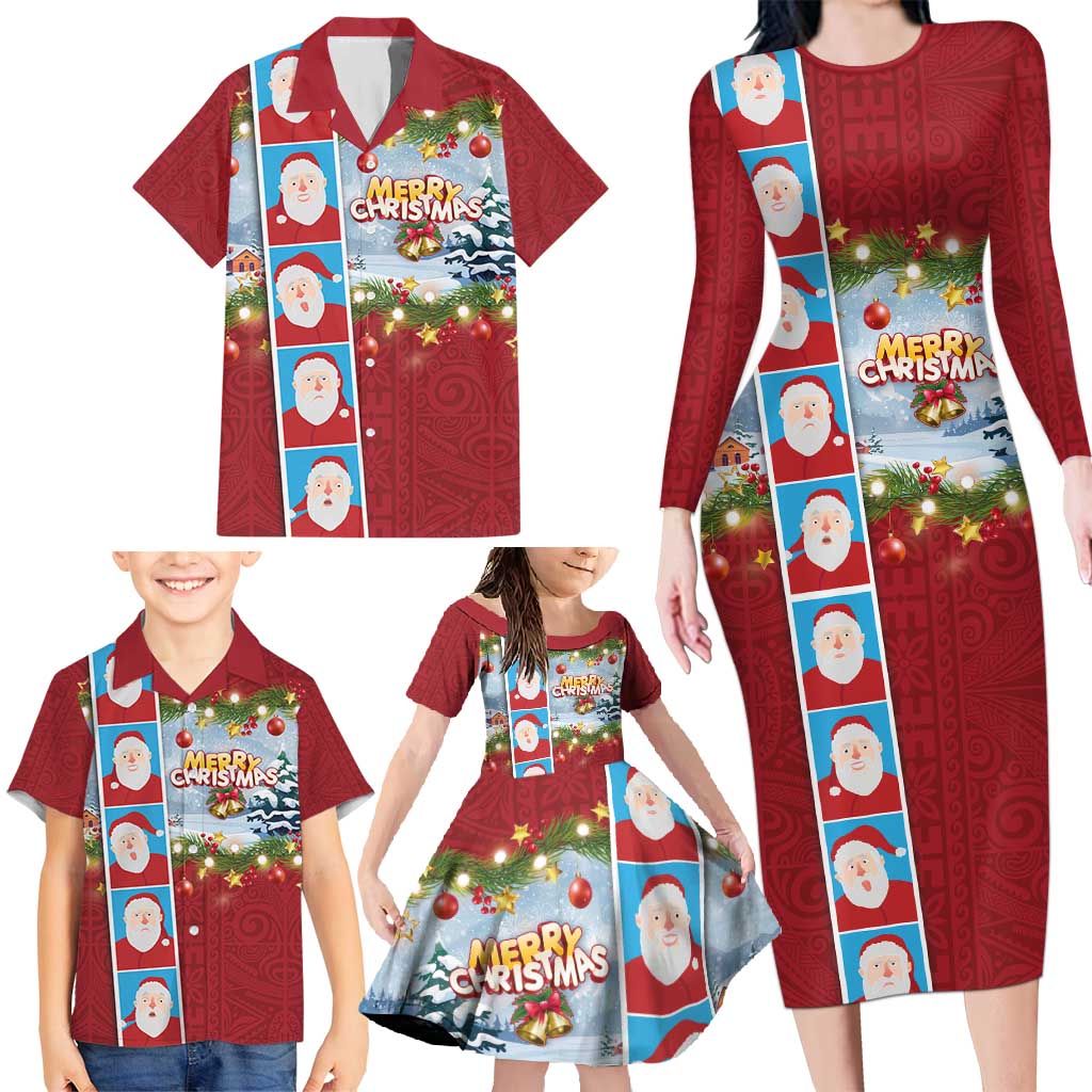 Merry Christmas Family Matching Long Sleeve Bodycon Dress and Hawaiian Shirt Funny Santa Claus Cards Photo and Polynesian Pattern Red Color LT03 - Polynesian Pride