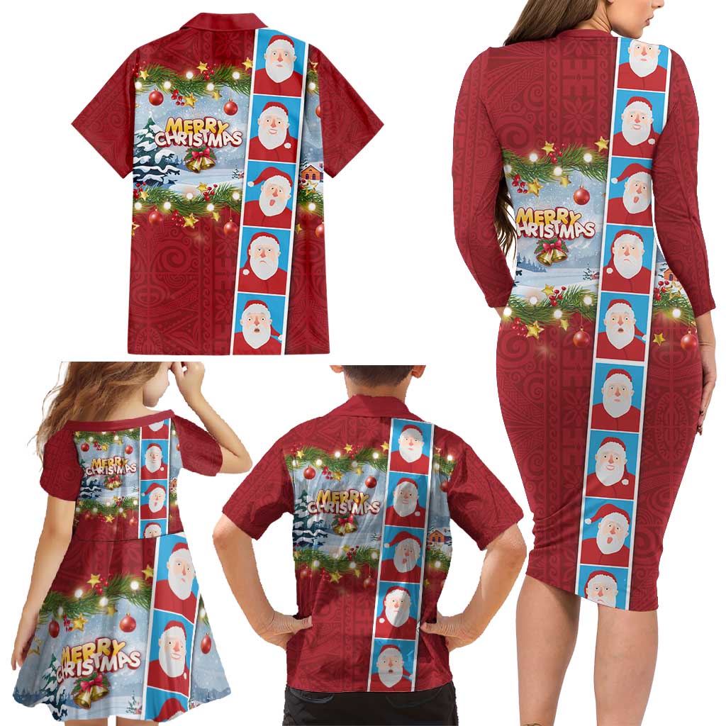 Merry Christmas Family Matching Long Sleeve Bodycon Dress and Hawaiian Shirt Funny Santa Claus Cards Photo and Polynesian Pattern Red Color LT03 - Polynesian Pride