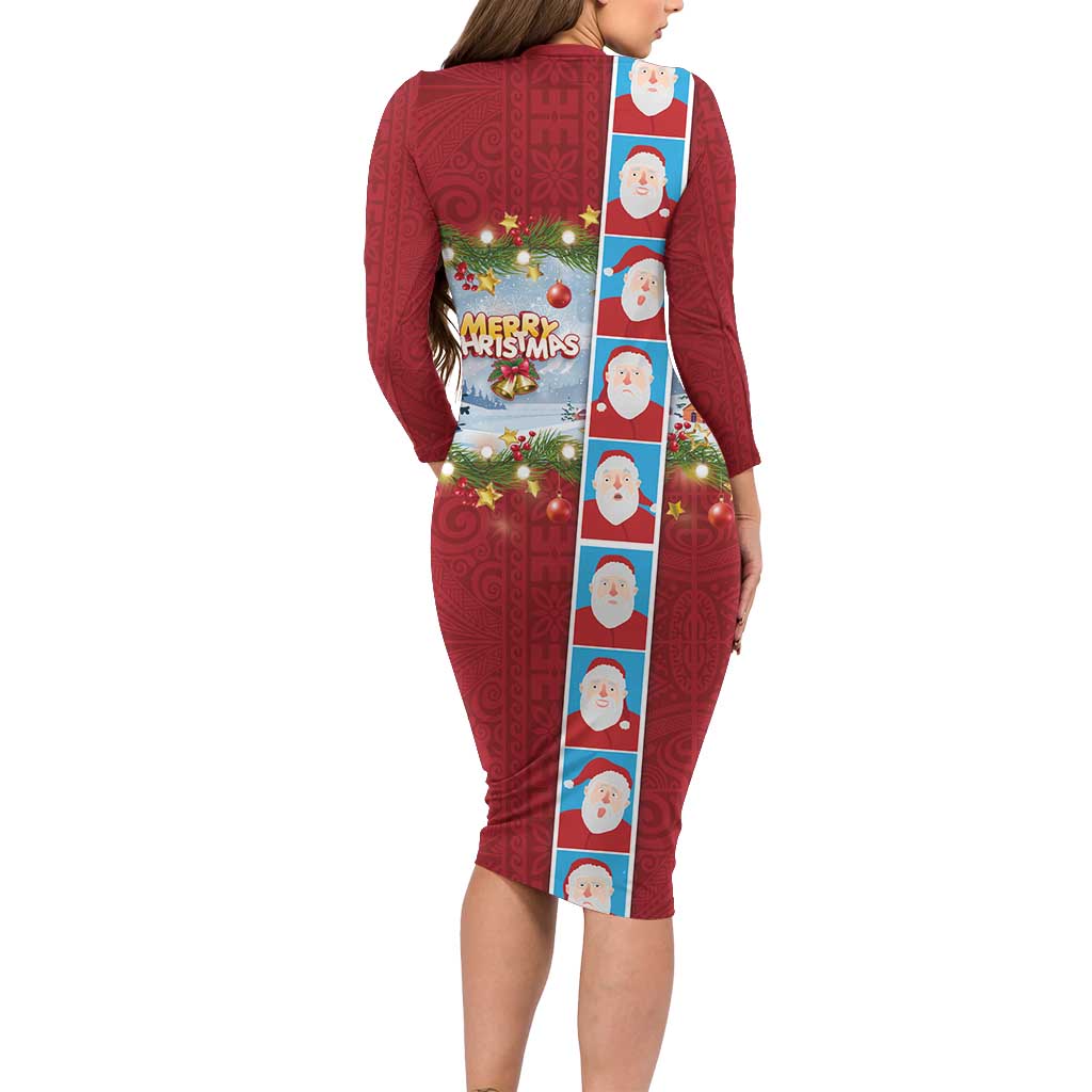 Merry Christmas Family Matching Long Sleeve Bodycon Dress and Hawaiian Shirt Funny Santa Claus Cards Photo and Polynesian Pattern Red Color LT03 - Polynesian Pride