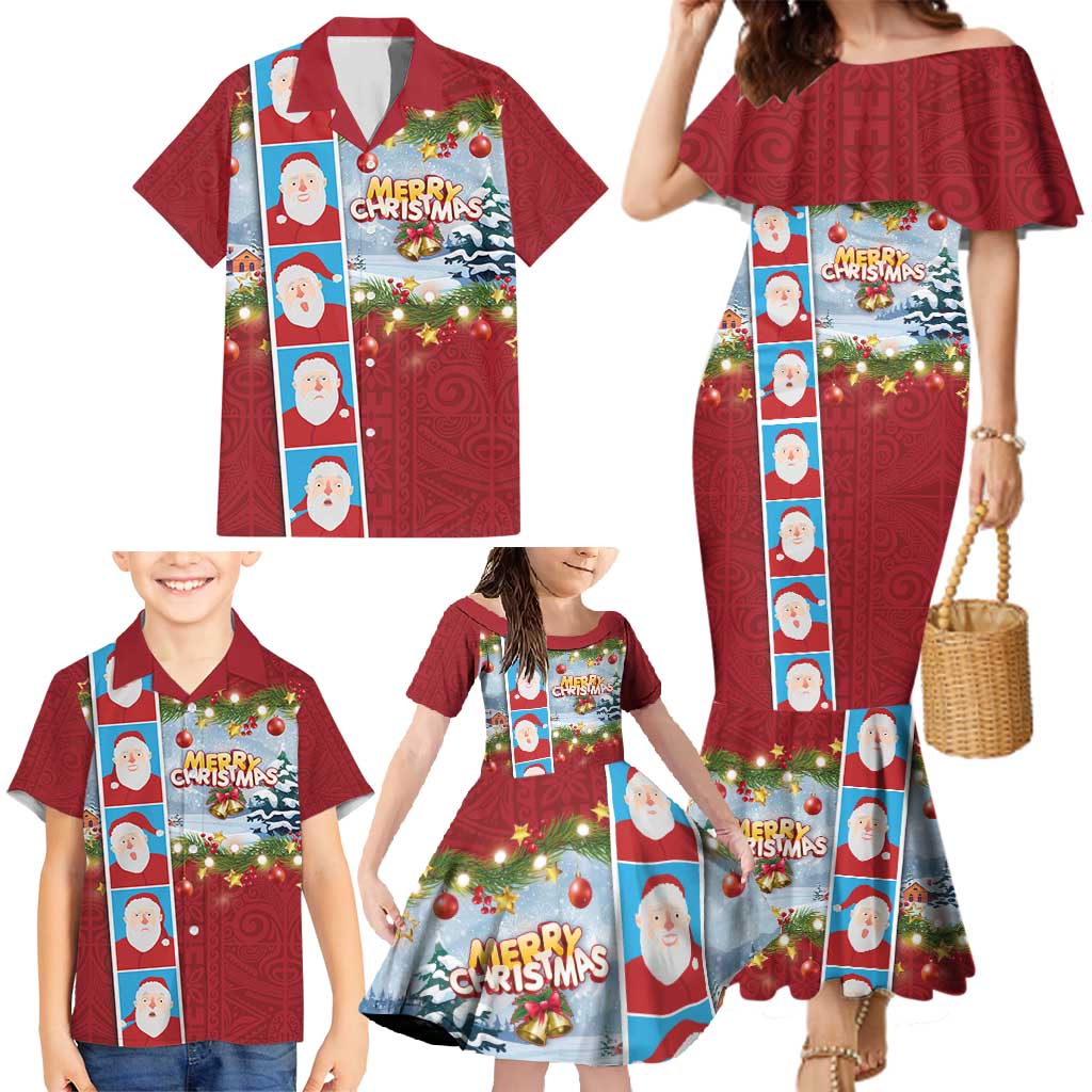Merry Christmas Family Matching Mermaid Dress and Hawaiian Shirt Funny Santa Claus Cards Photo and Polynesian Pattern Red Color LT03 - Polynesian Pride