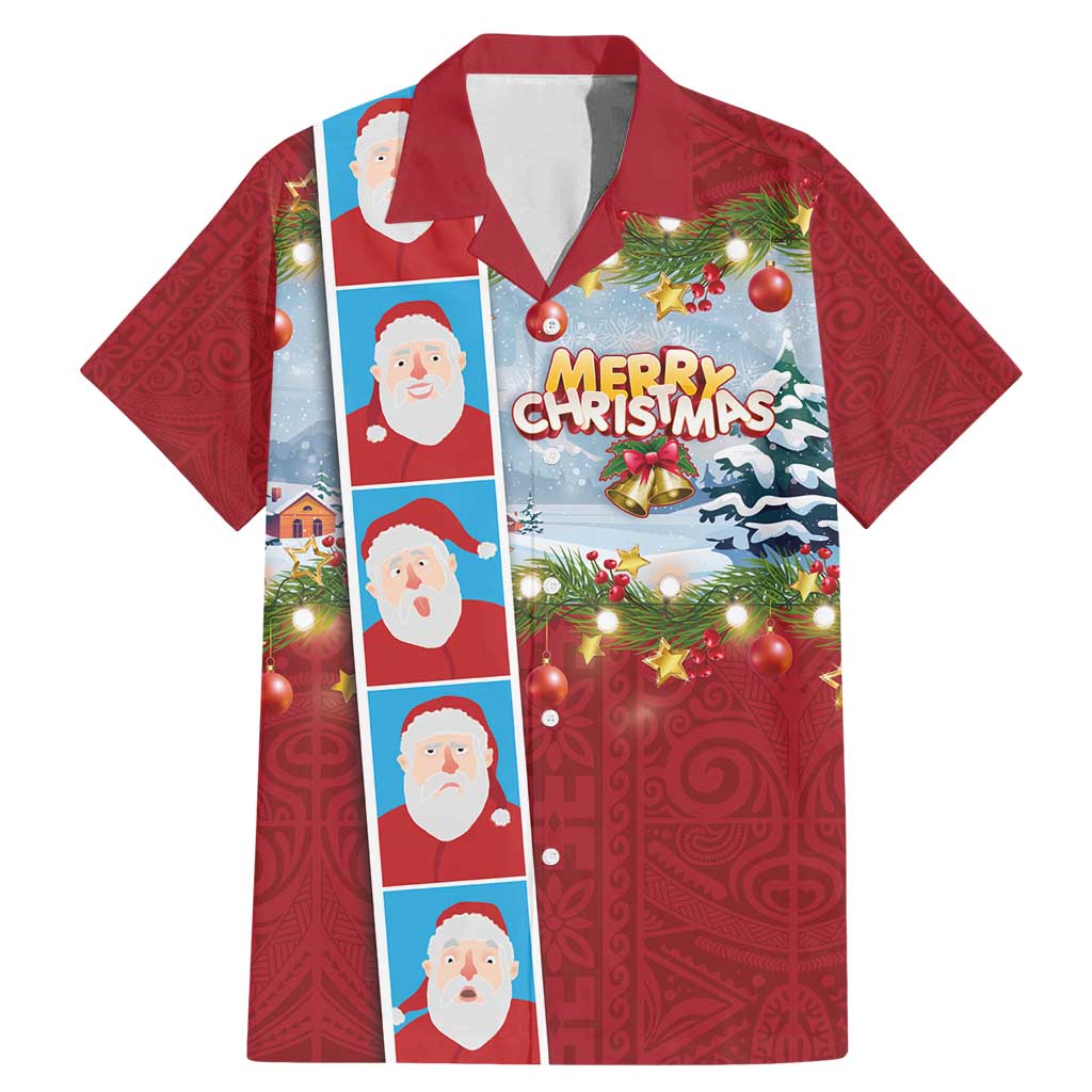 Merry Christmas Family Matching Mermaid Dress and Hawaiian Shirt Funny Santa Claus Cards Photo and Polynesian Pattern Red Color LT03 Dad's Shirt - Short Sleeve Red - Polynesian Pride