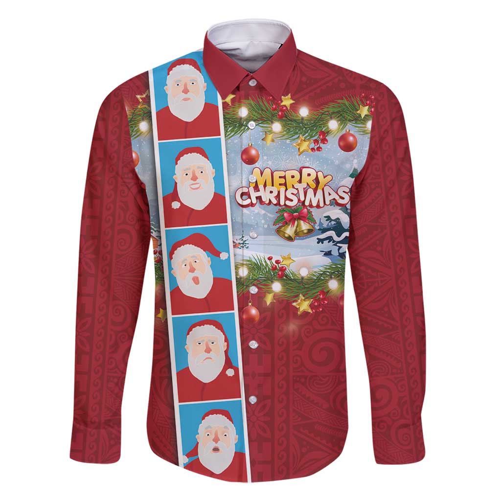 Merry Christmas Family Matching Mermaid Dress and Hawaiian Shirt Funny Santa Claus Cards Photo and Polynesian Pattern Red Color LT03 Dad's Shirt - Long Sleeve Red - Polynesian Pride