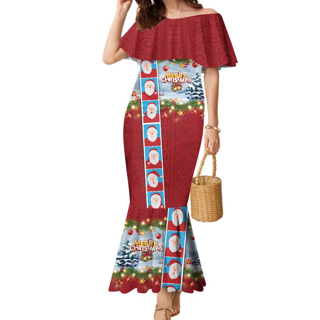Merry Christmas Family Matching Mermaid Dress and Hawaiian Shirt Funny Santa Claus Cards Photo and Polynesian Pattern Red Color LT03 Mom's Dress Red - Polynesian Pride
