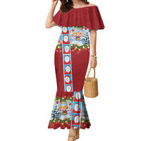 Merry Christmas Family Matching Mermaid Dress and Hawaiian Shirt Funny Santa Claus Cards Photo and Polynesian Pattern Red Color LT03 Mom's Dress Red - Polynesian Pride