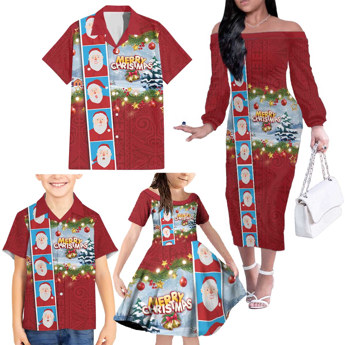 Merry Christmas Family Matching Off The Shoulder Long Sleeve Dress and Hawaiian Shirt Funny Santa Claus Cards Photo and Polynesian Pattern Red Color LT03 - Polynesian Pride