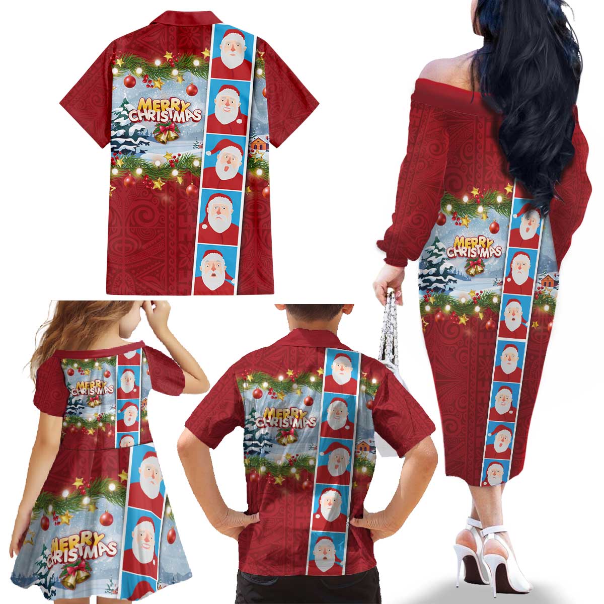Merry Christmas Family Matching Off The Shoulder Long Sleeve Dress and Hawaiian Shirt Funny Santa Claus Cards Photo and Polynesian Pattern Red Color LT03 - Polynesian Pride