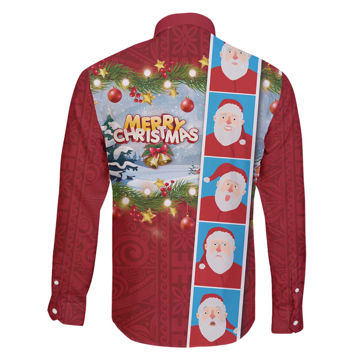 Merry Christmas Family Matching Off The Shoulder Long Sleeve Dress and Hawaiian Shirt Funny Santa Claus Cards Photo and Polynesian Pattern Red Color LT03 - Polynesian Pride