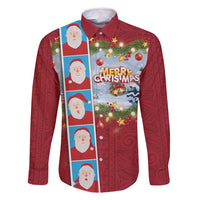 Merry Christmas Family Matching Off Shoulder Maxi Dress and Hawaiian Shirt Funny Santa Claus Cards Photo and Polynesian Pattern Red Color LT03 Dad's Shirt - Long Sleeve Red - Polynesian Pride