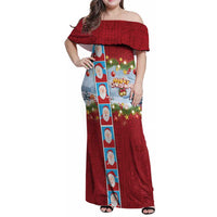 Merry Christmas Family Matching Off Shoulder Maxi Dress and Hawaiian Shirt Funny Santa Claus Cards Photo and Polynesian Pattern Red Color LT03 Mom's Dress Red - Polynesian Pride
