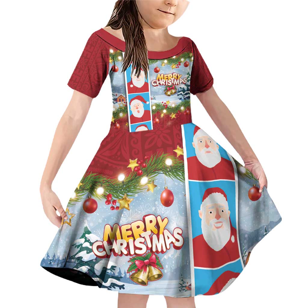 Merry Christmas Family Matching Off Shoulder Short Dress and Hawaiian Shirt Funny Santa Claus Cards Photo and Polynesian Pattern Red Color LT03 Daughter's Dress Red - Polynesian Pride