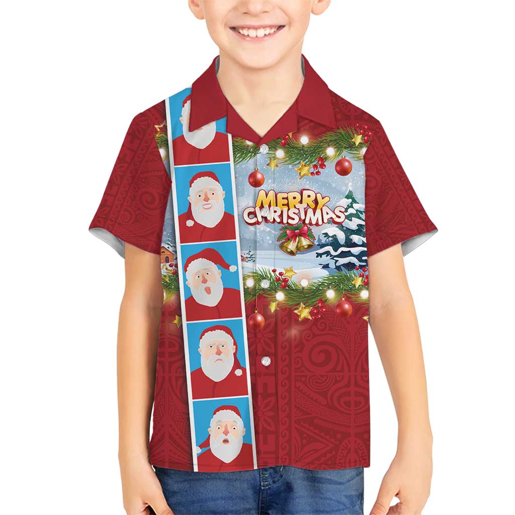 Merry Christmas Family Matching Off Shoulder Short Dress and Hawaiian Shirt Funny Santa Claus Cards Photo and Polynesian Pattern Red Color LT03 Son's Shirt Red - Polynesian Pride