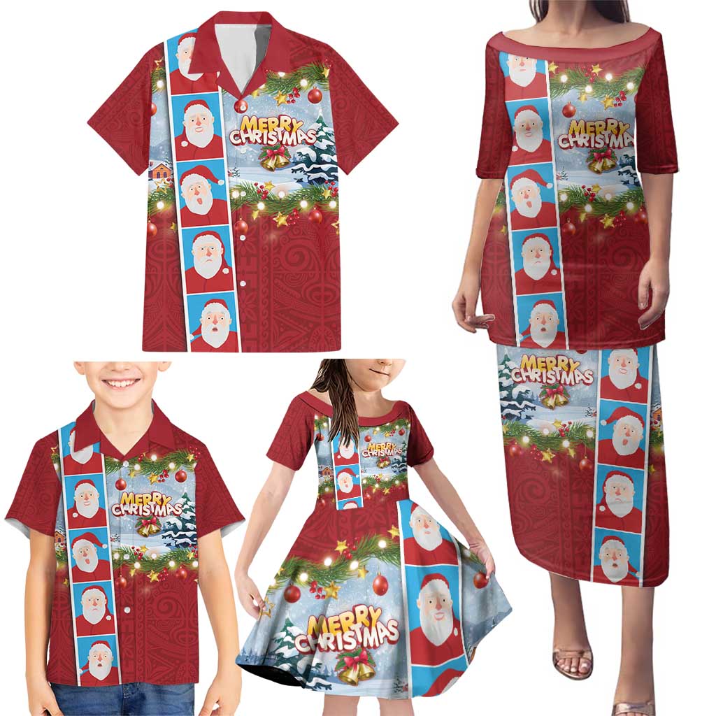 Merry Christmas Family Matching Puletasi and Hawaiian Shirt Funny Santa Claus Cards Photo and Polynesian Pattern Red Color LT03 - Polynesian Pride