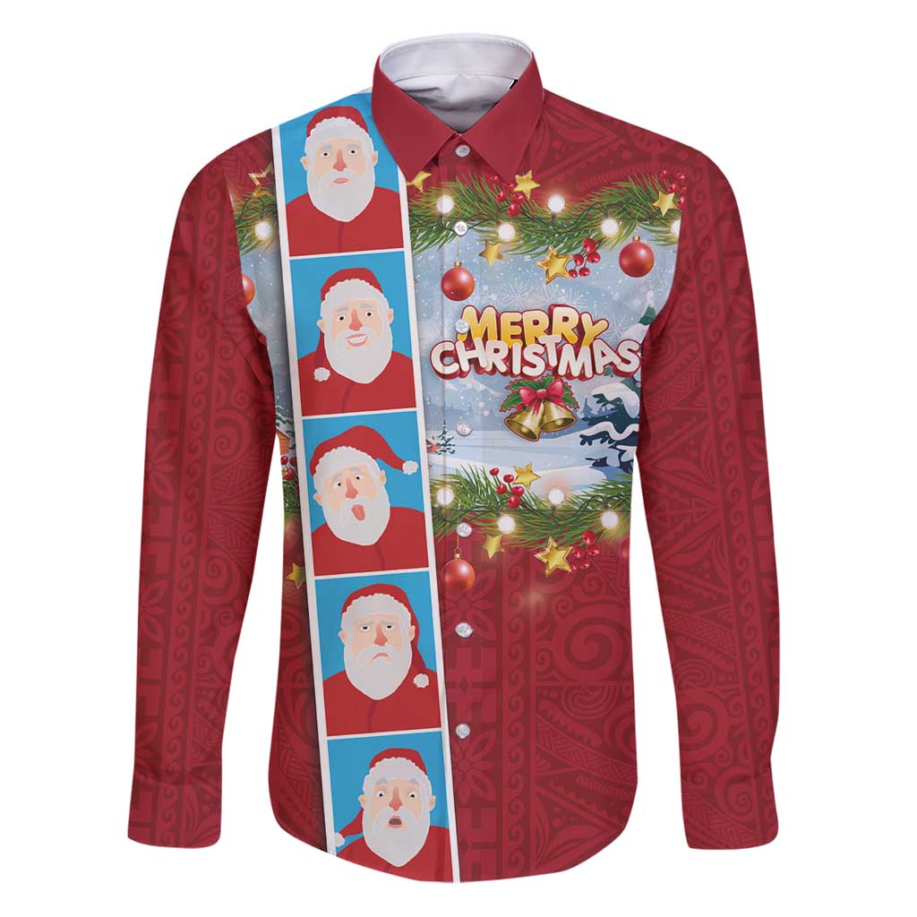 Merry Christmas Family Matching Puletasi and Hawaiian Shirt Funny Santa Claus Cards Photo and Polynesian Pattern Red Color LT03 Dad's Shirt - Long Sleeve Red - Polynesian Pride