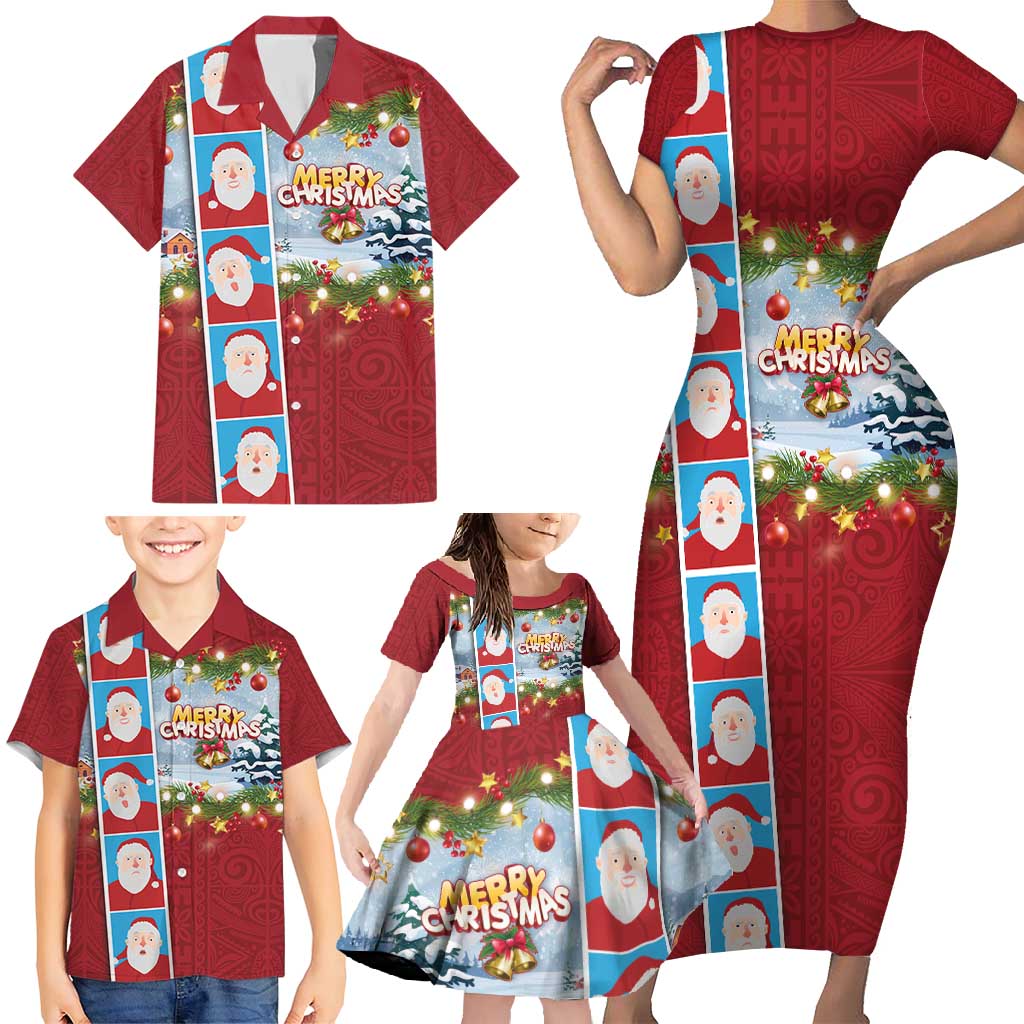 Merry Christmas Family Matching Short Sleeve Bodycon Dress and Hawaiian Shirt Funny Santa Claus Cards Photo and Polynesian Pattern Red Color LT03 - Polynesian Pride