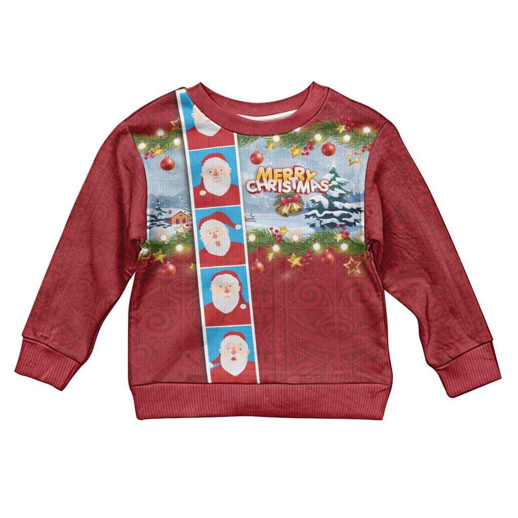 Merry Christmas Kid Ugly Christmas Sweater Funny Santa Claus Cards Photo and Polynesian Pattern Red Color